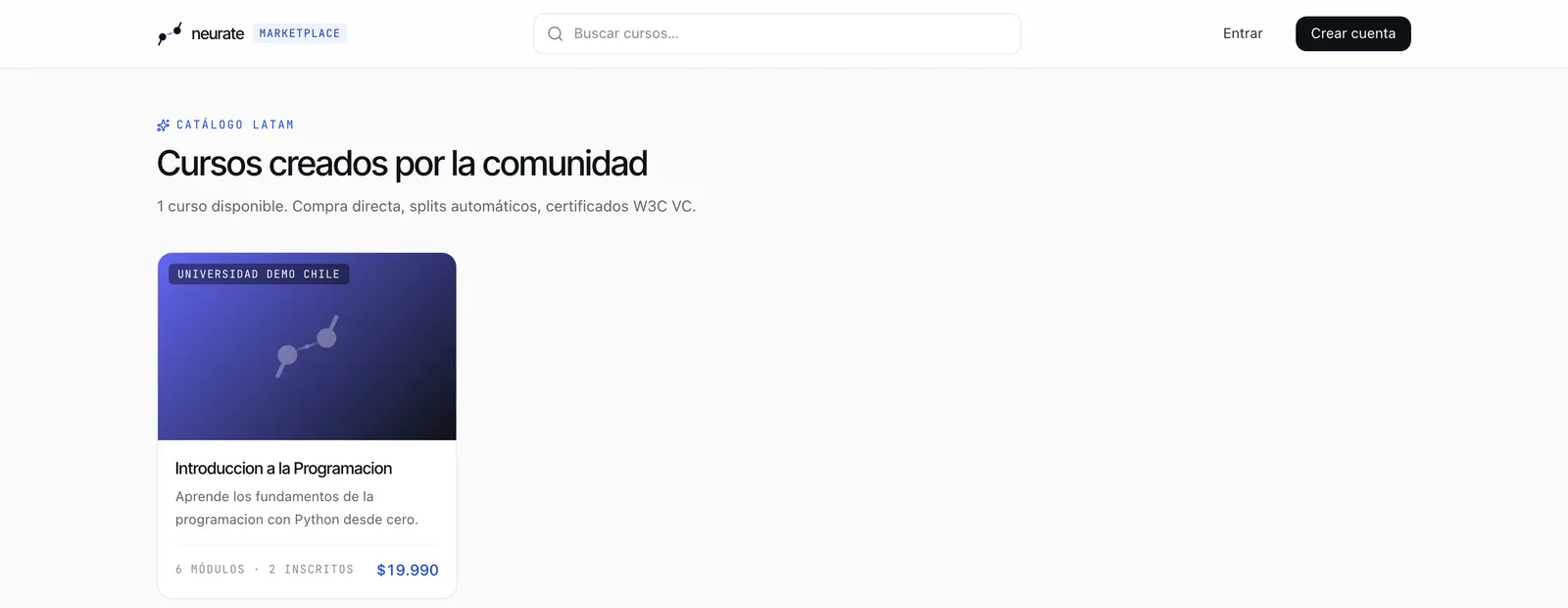 Marketplace público de Neurate con cursos de la comunidad a la venta